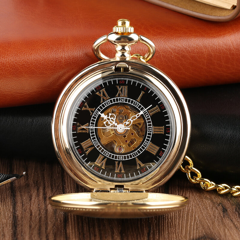 Высококлассные золотые карманные часы мужской женский Изящный чехол с узором черные механические цифры Циферблат толстая цепочка Кулон маленькие часы