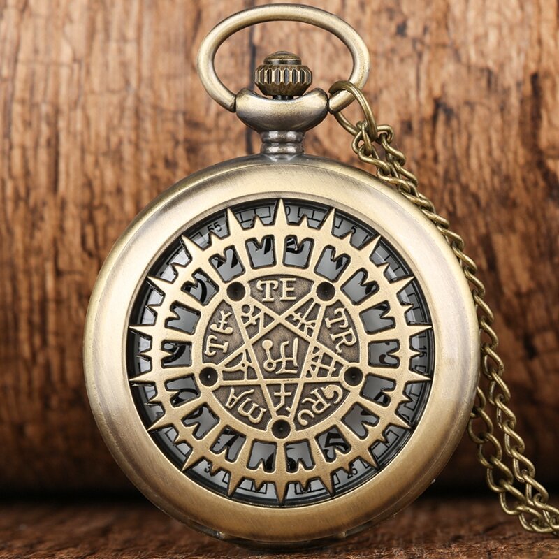 Bronze Hollow Pentagram Supernatural Quartz Pocket Watch Men Women Necklace Pendant Chain Birthday Gifts Clock reloj de bolsillo