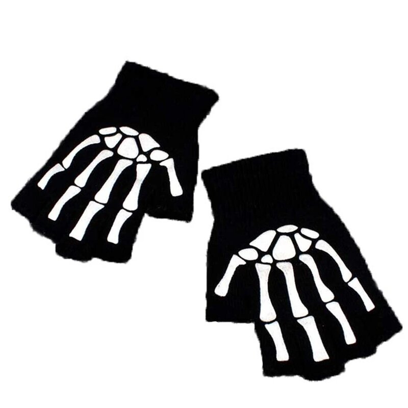1 Paar Unisex Adult Halloween Skeletschedel Half Vinger Handschoenen Afdrukken Hand Bone Vingerloze Stretch Gebreide Winter Wanten