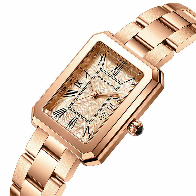 Reloj de acero inoxidable para mujer, cronógrafo de lujo con movimiento japonés, plata, oro rosa, números romanos rectangulares, resistente al agua