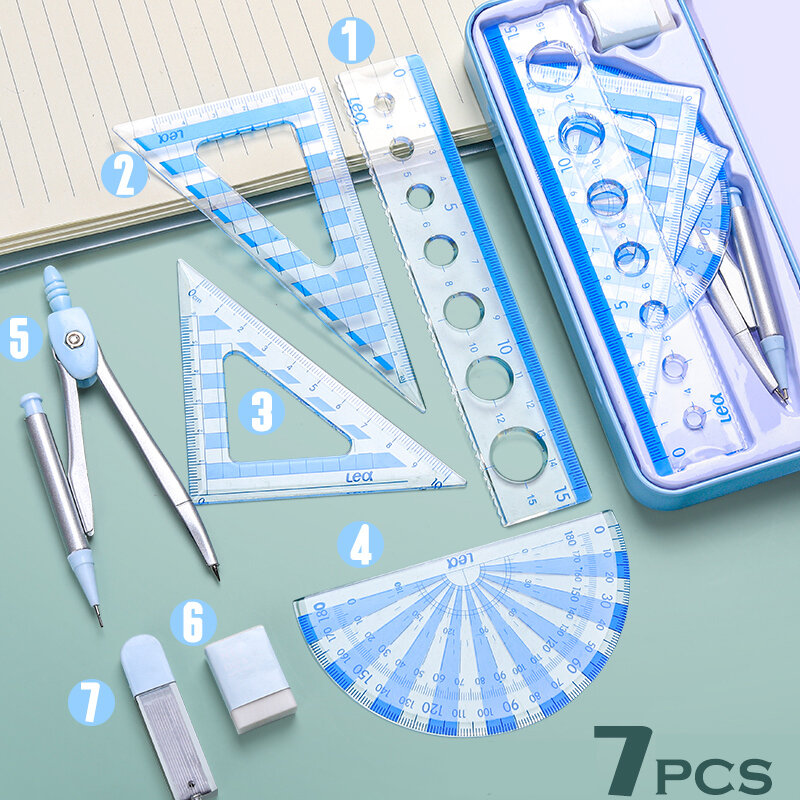 7Pcs/Set Ruler Compass with Metal box Geometry Maths Drawing Compass Stationery Rulers Mathematical compass for School