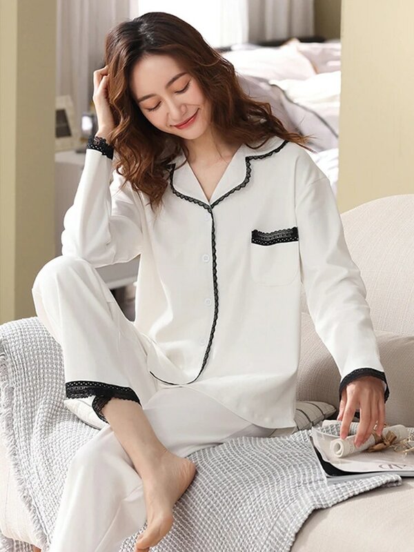 100% Katoenen Pyjama Voor Vrouwen Winter Wit Kant Patchwork Retro Pijama Warm Nachtkleding Pj Herfst Zwart Puur Katoen Pyjama Femme