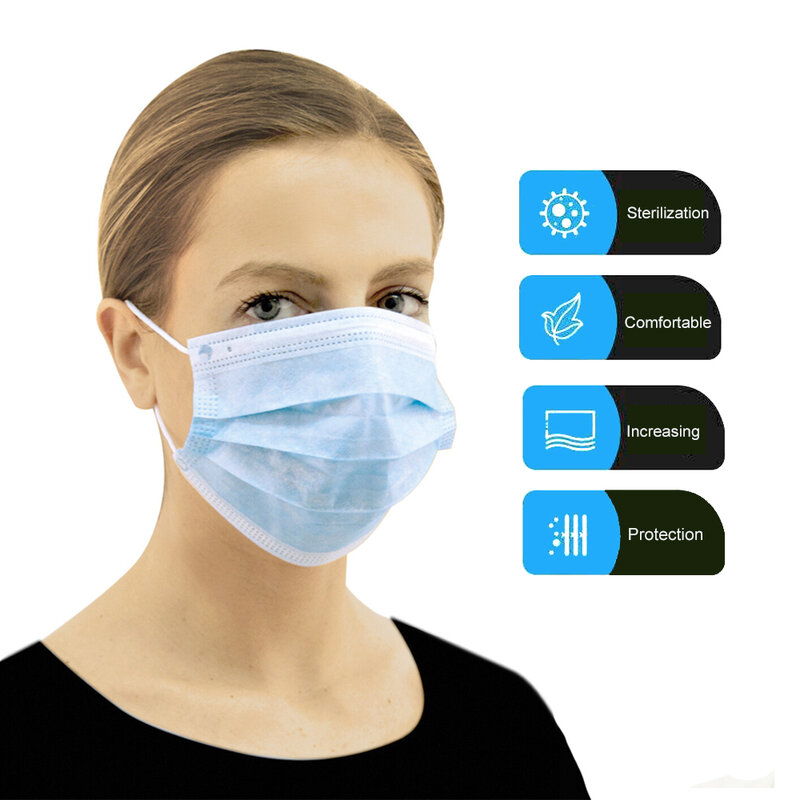 50 máscaras descartáveis dustproof da boca da cara dos pces anti 3-ply pm2.5anti gripe que respira máscaras de segurança cara careelastic cor sólida