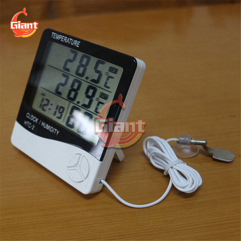 Termómetro Digital electrónico LCD, medidor de temperatura y humedad, higrómetro para interiores y exteriores, estación meteorológica, reloj HTC-2