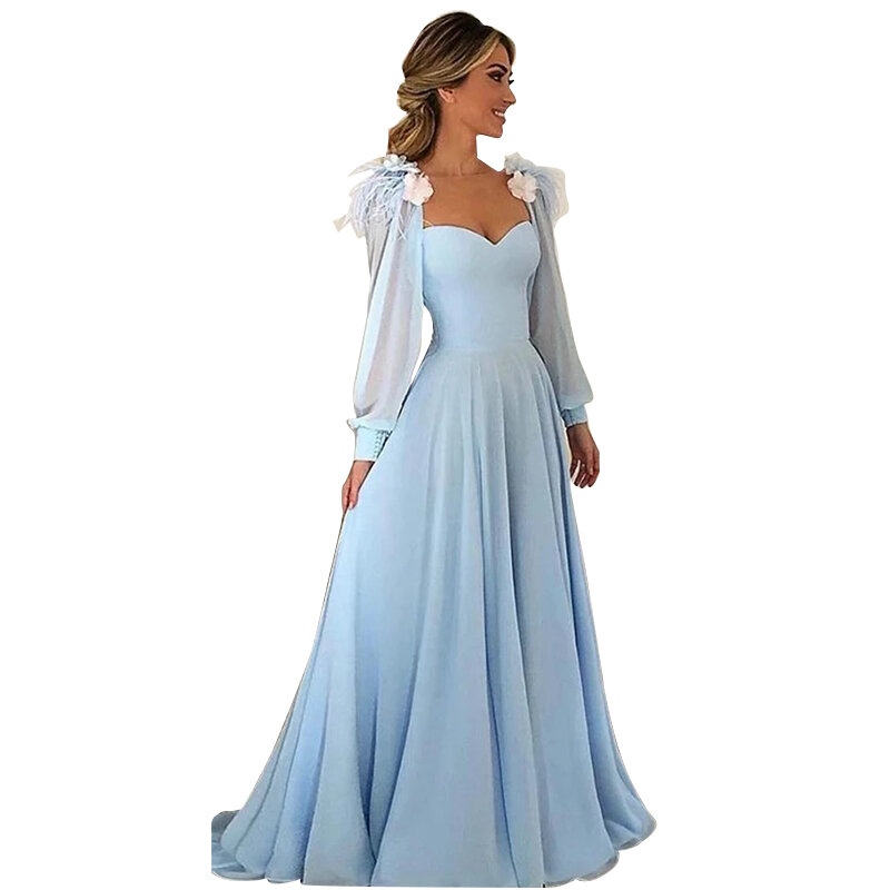 Light Blue Chiffon Formal Party Evening Dress Women Handmade Flower Robe De Soiree Elegant Vestidos Long Sleeves Prom Maxi Dress