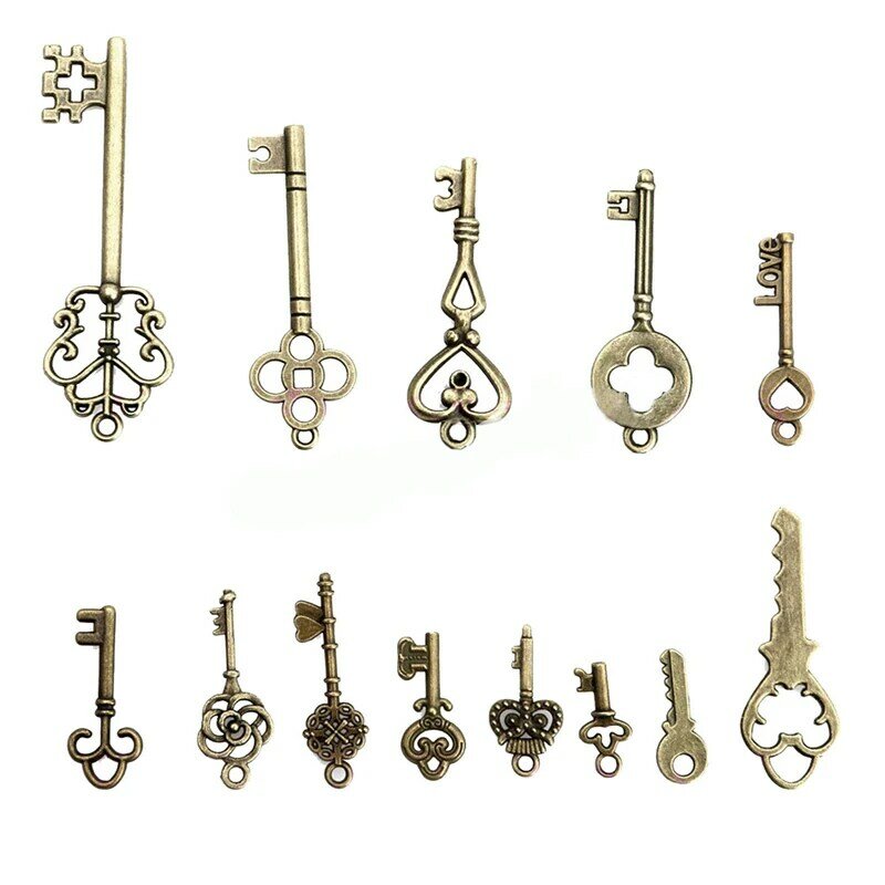 13Pcs Vintage Skeleton Keys Antiek Brons Sleutels Retro Hanger Ketting Fancy Decor Diy Sieraden Ketting Craft Geschenken
