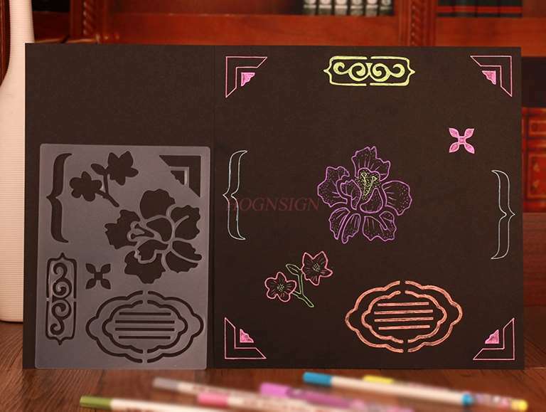 Versione manuale della pittura del materiale dello strumento della carta nera dell'album del modello della pittura vuota del righello del pizzo 8pcs