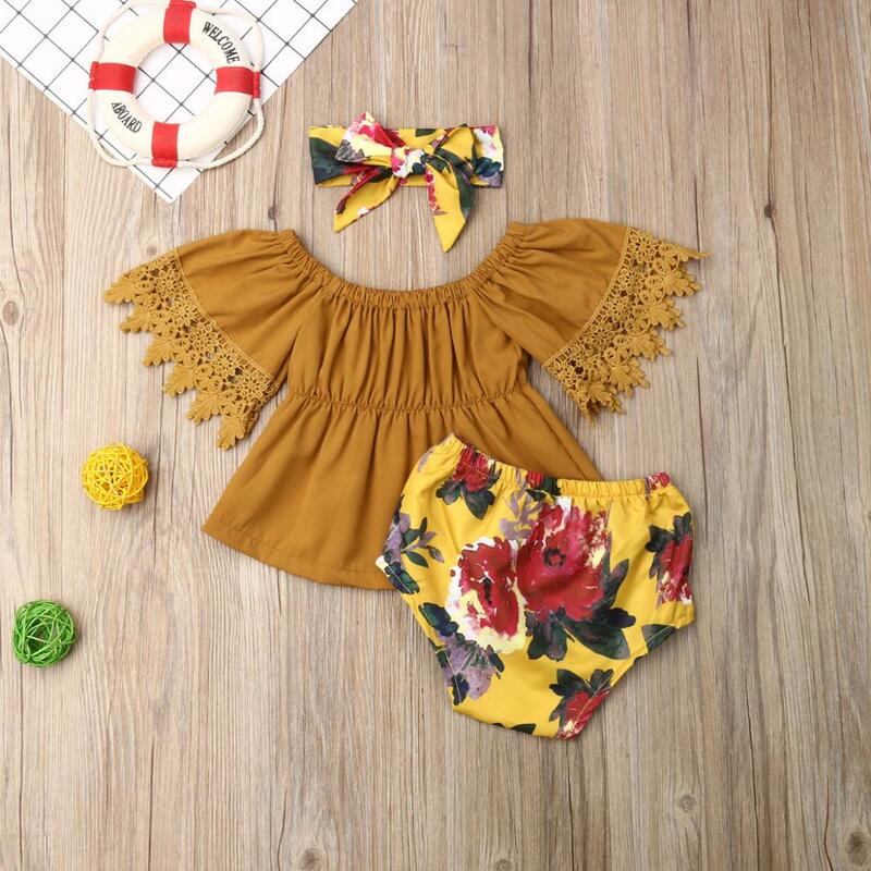 3PCS Toddler Baby Girl Clothes sets Off Shoulder Solid Lace Tops Floral Short Pant Headband Outfits Baby Clothing 0-5T