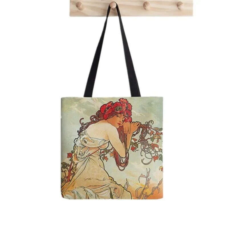 Shopper ศิลปะ Alphonse Mucha พิมพ์ Tote กระเป๋าผู้หญิง Harajuku Shopper กระเป๋าถือตลกสาวกระเป๋าสะพายผ้าใบ Lady Canvas กระเป๋า