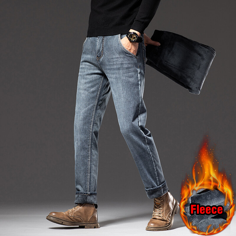 Pantalones vaqueros elásticos gruesos para hombre, Jeans cálidos de lana, estilo clásico, informal de negocios, ajuste Regular, marca, invierno, nuevo