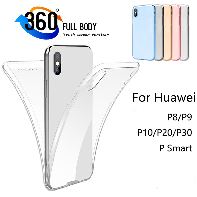 Funda de teléfono transparente 360 de cobertura completa del cuerpo TPU para Huawei P8 Lite P9, funda de móvil transparente suave de doble cara para P10 P20 Pro P30