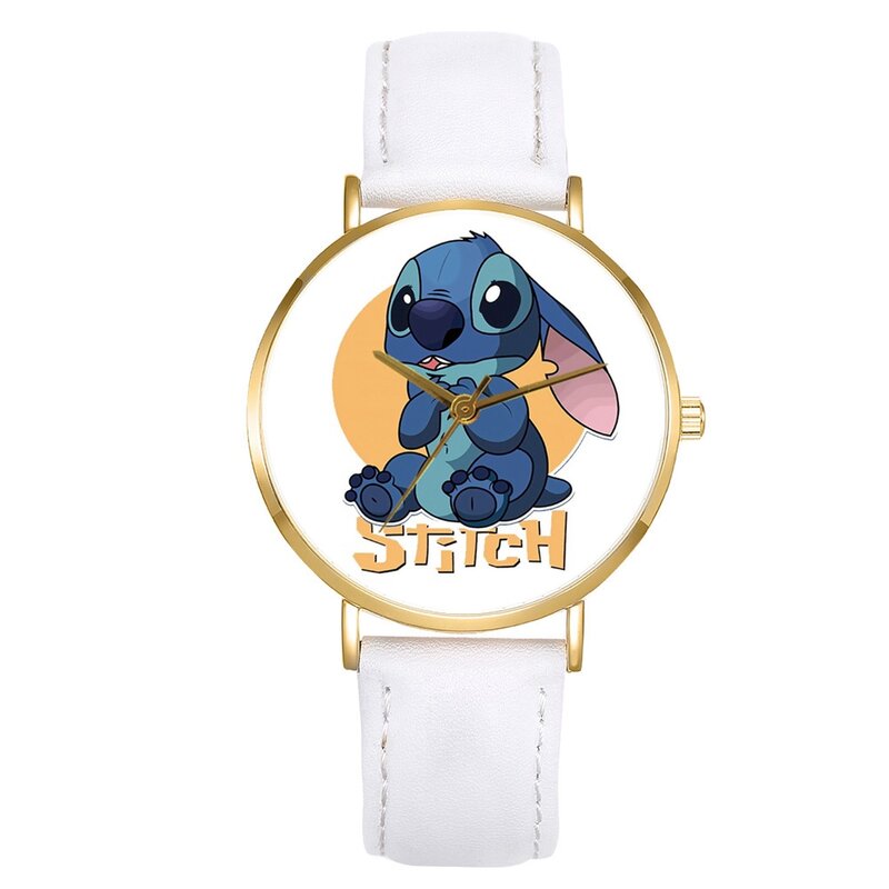 Lilo Stitch, relojes para niños con patrón de dibujos animados, reloj de cuarzo para niños, correa de reloj de cuero blanca con funda dorada