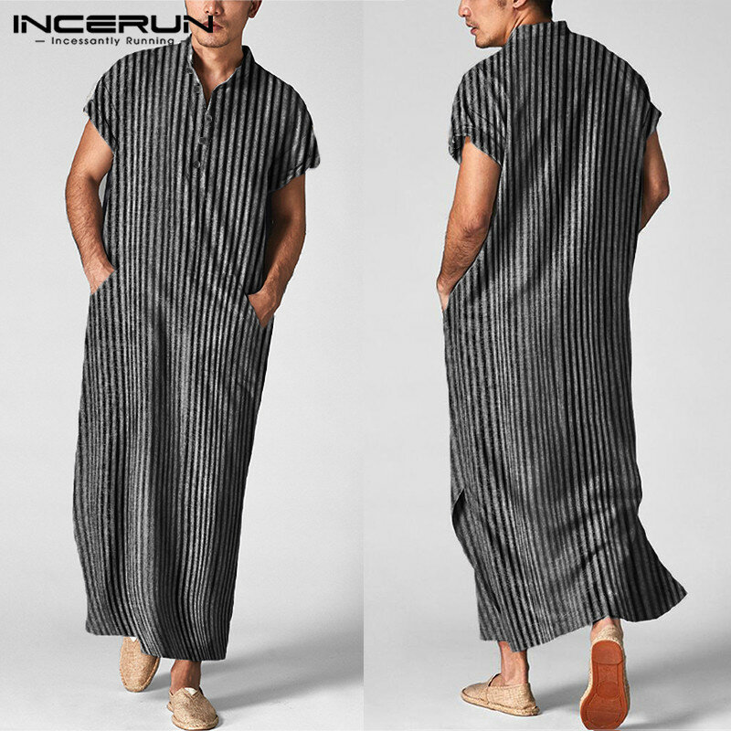 Men Islamic Arabic Kaftan Striped Short Sleeve Casual Pockets Muslim Robes Cotton Saudi Arabia Dubai Men Jubba Thobe INCERUN 5XL