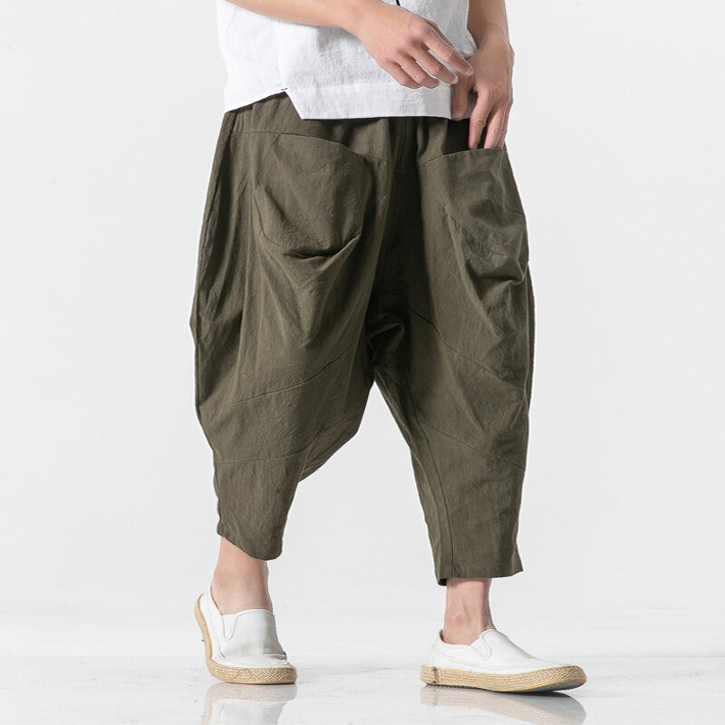 Pantalones bombachos de lino para hombre, Pantalón de algodón con entrepierna ancha, estilo chino, hasta el tobillo, 2023