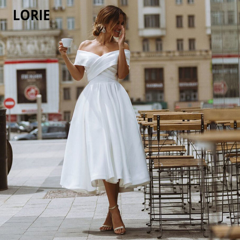 LORIE Gaun Pengantin Panjang Teh Sederhana Gaun Pengantin Pendek A-line Satin Gading Putih Tanpa Bahu Gaun Pengantin Pantai Gaun Pengantin Bertali