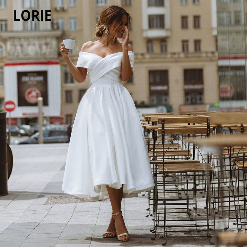 LORIE-vestido de casamento simples chá de comprimento, fora do vestido de ombro, branco marfim cetim, A-line, vestidos de noiva curtos, praia volta laço