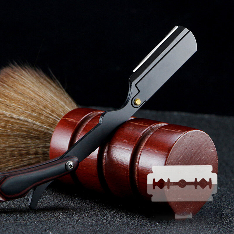 1 pçs borda reta aço inoxidável barbeiro navalha de barbear dobrável punho de madeira ferramentas de remoção do cabelo presente