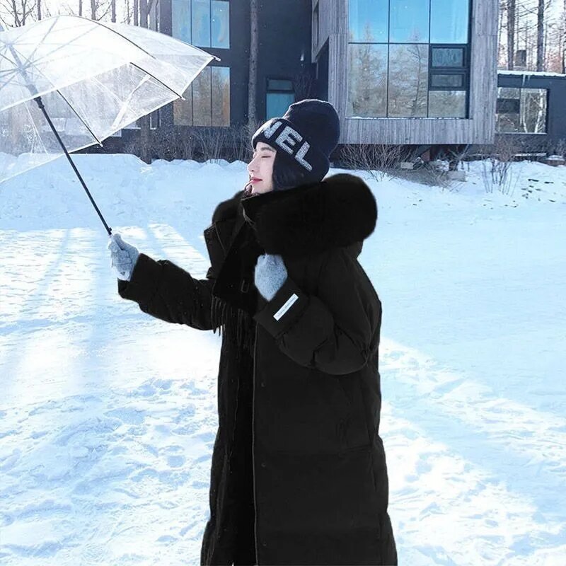 女性用ホワイトコットンジャケット,ミドル丈,韓国冬,大きな毛皮の襟,厚くて抵抗力のある,暖かい,2023