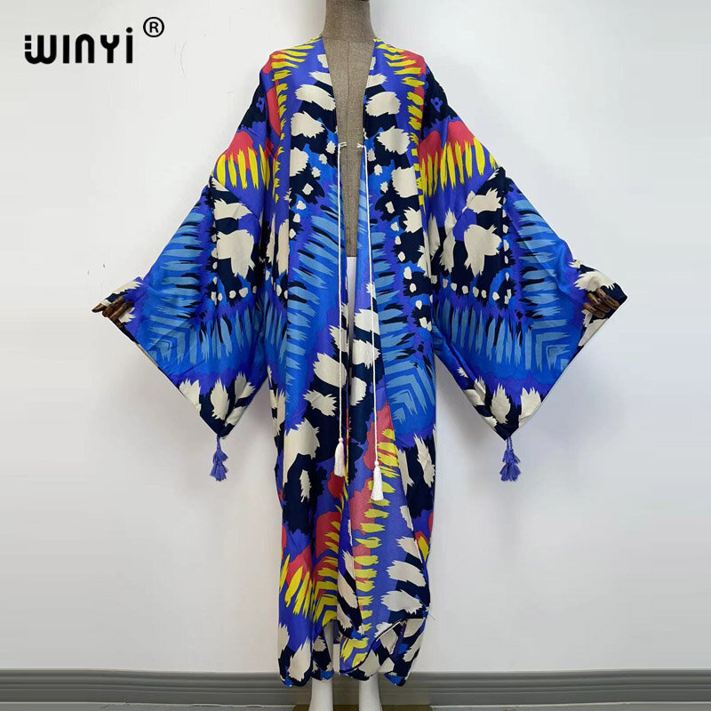 WINYI 2021 Middle East Spring Women Cardigan stitch robe Cocktail sexcy Boho Maxi African Holiday Batwing Sleeve Silk Robe