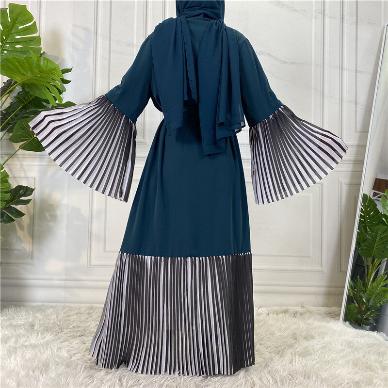 Muslim Pleated Patchwork Abayas For Women Evening Arabic Jilbab Islamic Ramadan Kaftan Maxi Robe Open Kimono Middle East Fashion