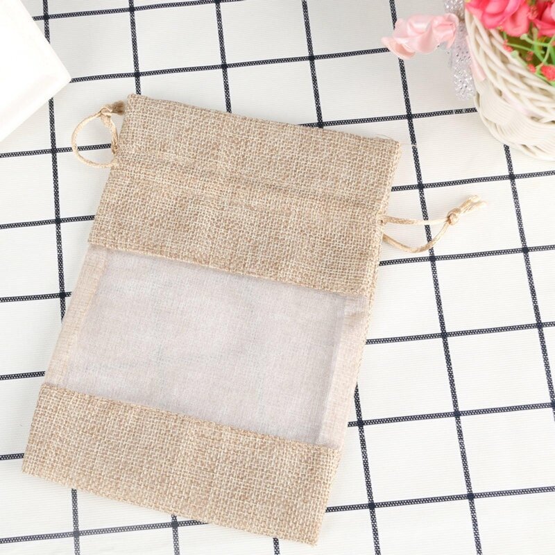 Linen Burlap Organza Bag with Drawstring for Wedding Party Favors Cosmetic Samples Goodies G5AE