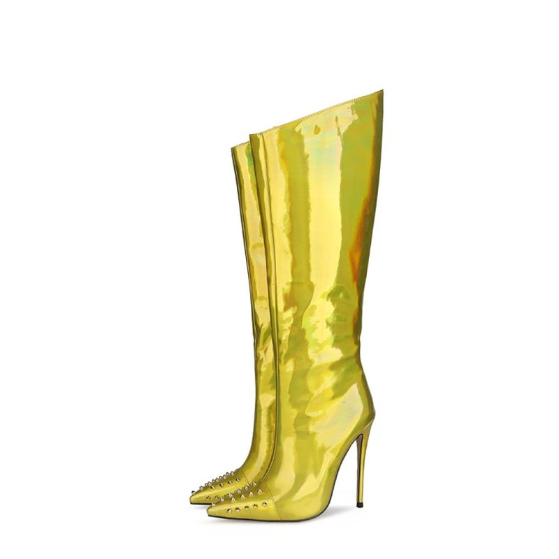 Damskie wysokie buty złote srebrne ostro zakończone Toe kolana wysokie buty dla kobiety Sexy wysokie obcasy buty i zabawy damskie szpilki rozmiar butów 47
