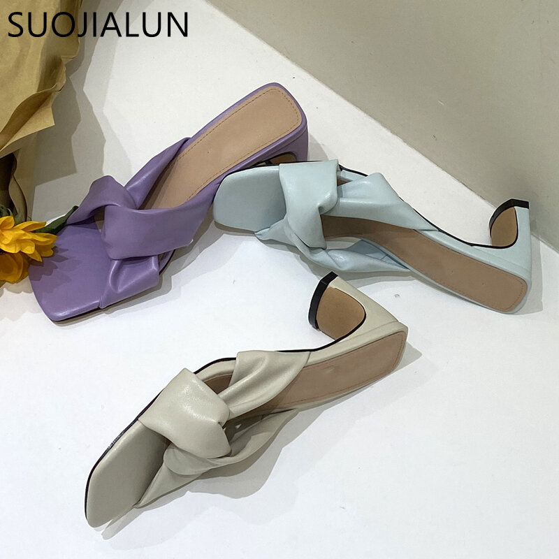 Suojialun mulheres slides de verão alta qualidade dedo do pé aberto salto quadrado deslizamento em sandálias senhoras elegante vestido bombas flip flops sho