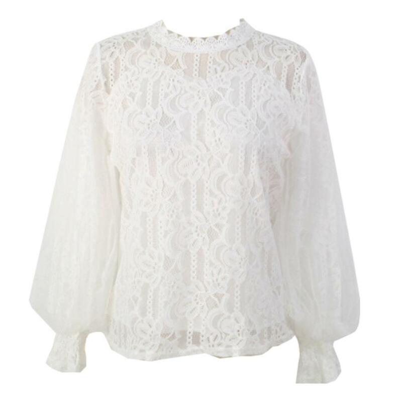 Blusas femininas elegantes de renda floral brim vazado blusas de manga comprida bufante camisa blusa feminina camisa tops branco