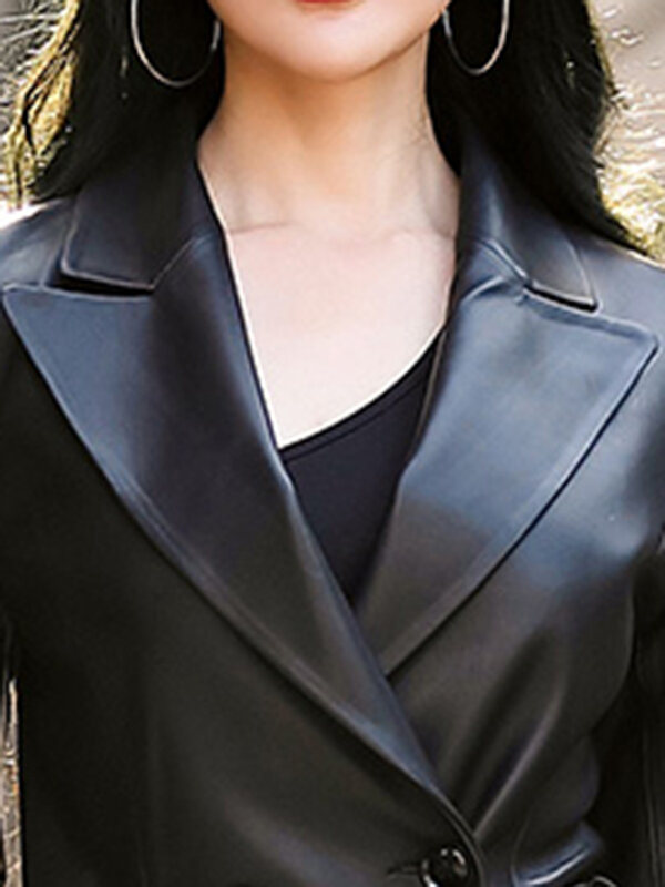 Lautaro musim gugur hitam tahan air Pu kulit mantel Trench untuk wanita sabuk lengan panjang Double Breasted musim gugur desainer Fashion