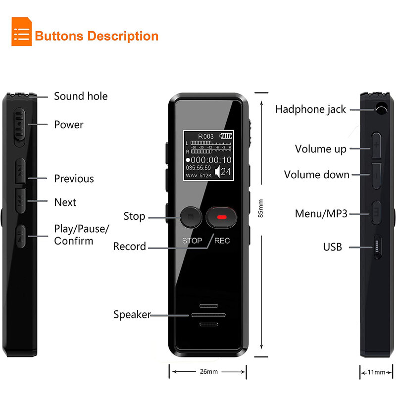 Vandlion V90 Digital Voice Activated Recorder เครื่องอัดเสียงยาวระยะทางเสียง MP3 Player ลดเสียงรบกวน WAV บันทึก