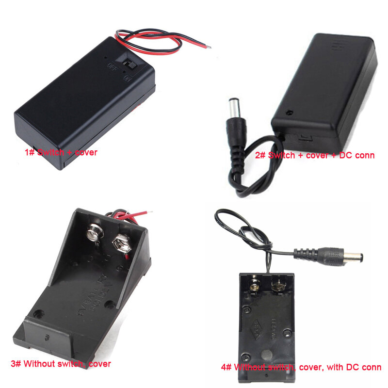 Muti-tamanhos-1 pçs plástico 9v bateria titular caixa com fio chumbo 6f22 suporte da bateria com/sem interruptor, capa, dc-conector