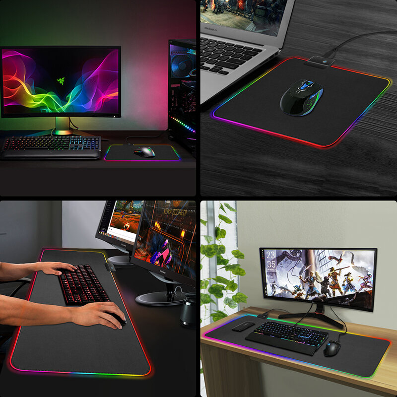 Grand tapis de souris RGB Gaming avec rétro-éclairage, média LED, ordinateur, clavier, bureau, polymères
