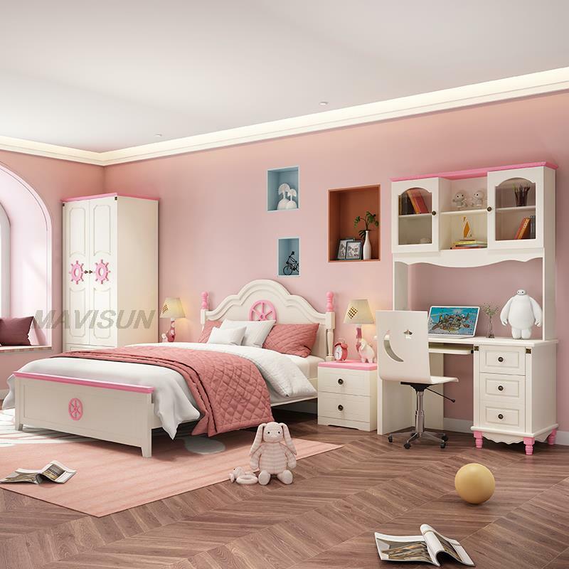 모던한 미니멀리스트 소녀 어린이 단단한 나무 핑크 옷장, 홈 침실 지중해 옷장 의류 스토리지 캐비닛