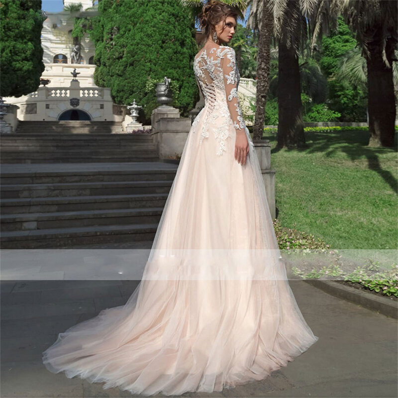 Koronkowe długie suknie ślubne 2022-line suknie ślubne luksusowe długie rękawy z aplikacjami suknia ślubna w stylu Vintage