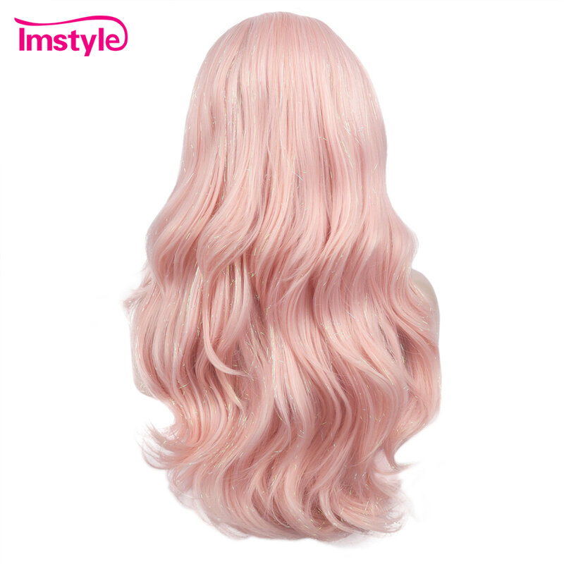 Imstyle-女性用の長い合成かつら,ピンクの光沢のある髪,フリンジスタイル,パーティー用,耐熱繊維