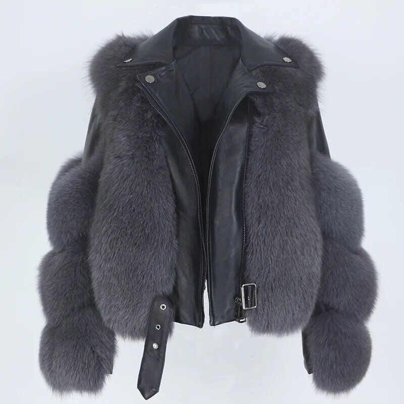 2022 Real Fur Coat Vest Winter Jacket Women Natural Fox Fur Genuine Leather Outerwear Detachable Streetwear Locomotive