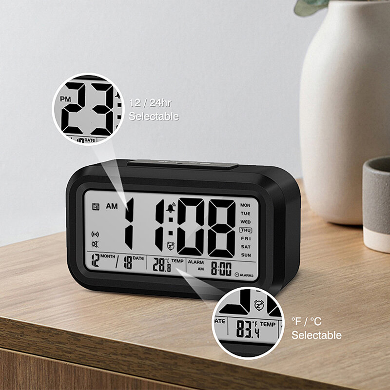 Relógio despertador de voz inglês. Com termômetro, calendário, luz de fundo inteligente, função de soneca e despertador duplo