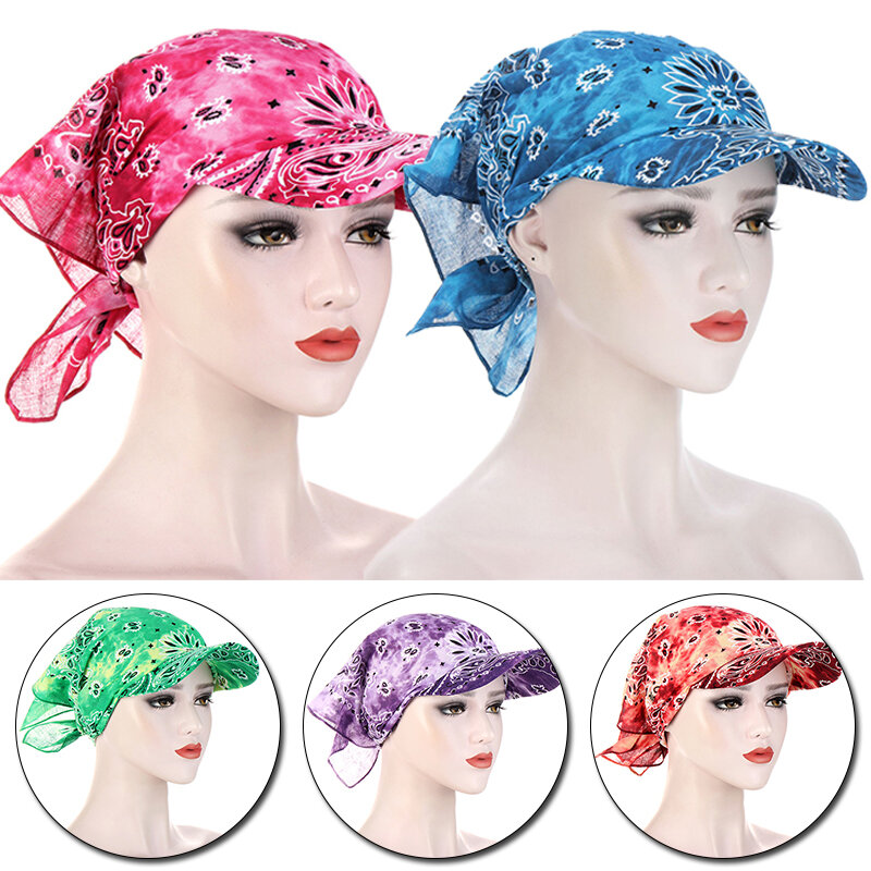 หมวกกันแดดหมวกแบบมีปีกพิมพ์ลายผ้าพันคอสี่เหลี่ยมจัตุรัสหมวกเบสบอลผ้าพันคอคลุมด้วยม่านบังแดดหมวก headpiece headscarf