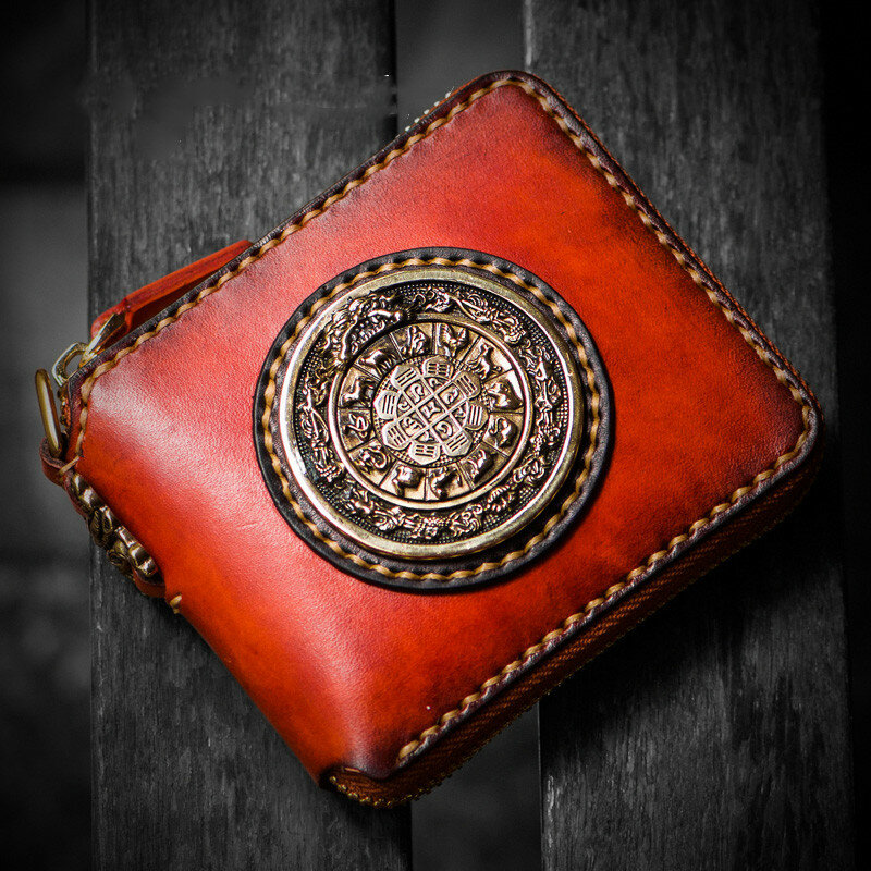 Reddish Brown Short Cow Leather Delicate Pendant Wallets Purses Women Metal Disk Vegetable Tanned Leather Wallet Card Holder