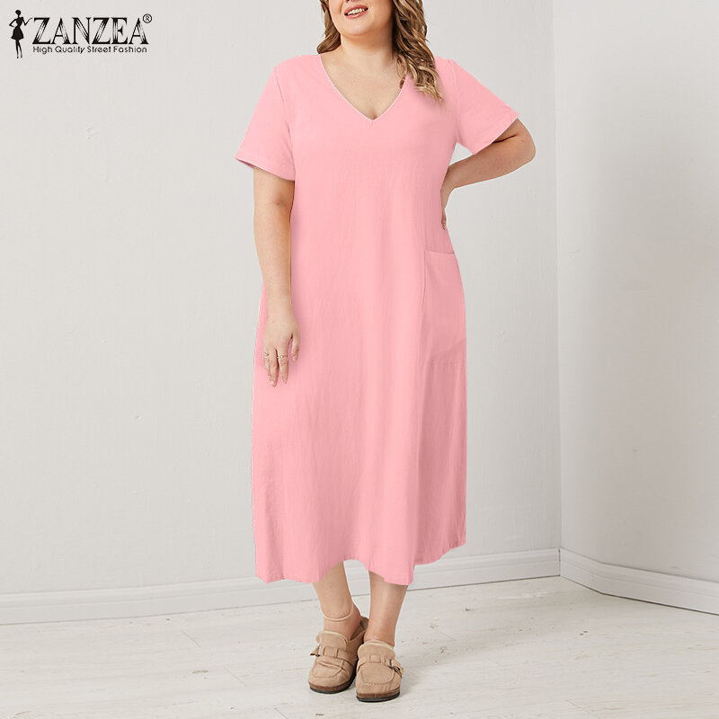حجم كبير ZANZEA 2023 المرأة الصيف فستان قصير الأكمام القطن عادية السيدات جيوب كبيرة رداء حفلة فام طويل Vestidos L-5XL