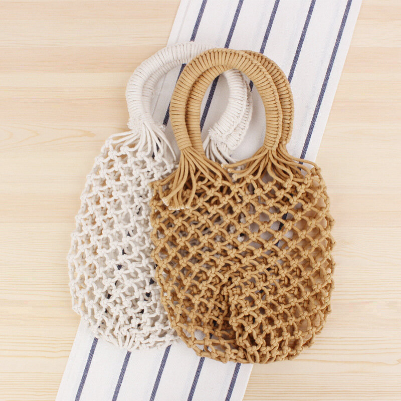21x36CM Ins New Pure Color Net Bag Hand-woven Bag Natural Style Hand-tied Cotton Thread Hand-carried Holiday Beach Bag a7220