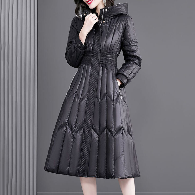 Novo preto longo para baixo algodão jaqueta feminina casual com capuz parka casaco de inverno high end grosso quente acolchoado algodão jaqueta 3xl