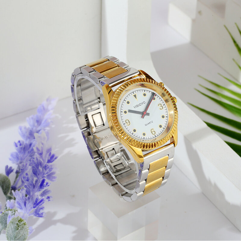 French Talking Watch with Alarm Function, Talking Date and time, White Dial, Folding Clasp, Golden Case TAG-101