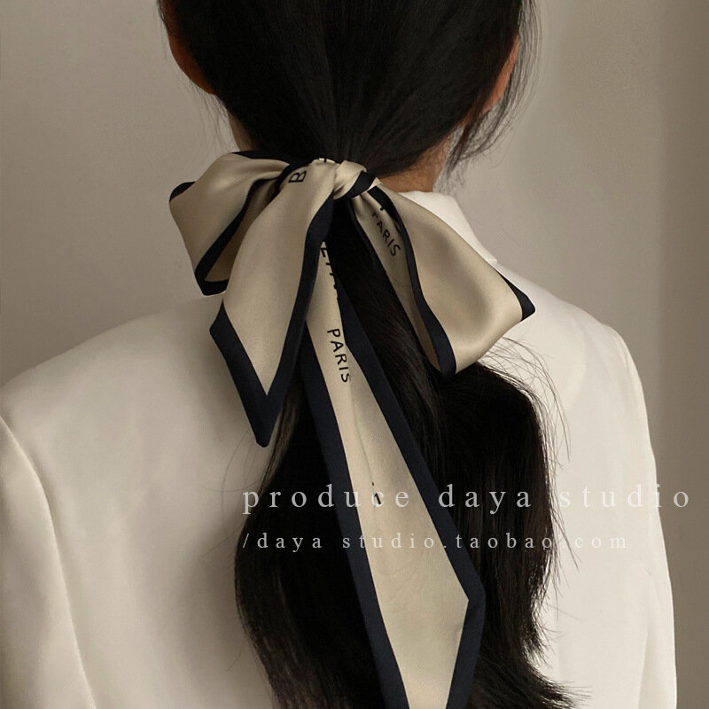 Lenço de seda longo, letras estilo francês de alto nível, minimalista, retrô, curto e elegante, laço de cabelo