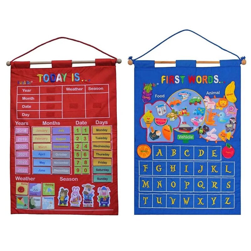 Bolsa colgante con bolsillo para enseñanza infantil, juguete educativo de tela con letras en inglés, calendario de temporada y fecha meteorológica
