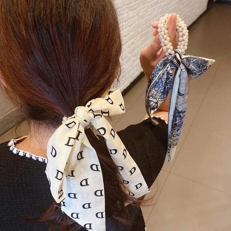 Strik Parel Elastische Haarbanden Vrouwen Hoofddeksels Koreaanse Stijl Lange Lint Mode Vrouwelijke Meisje Haaraccessoires Rubberen Band 1Pcs