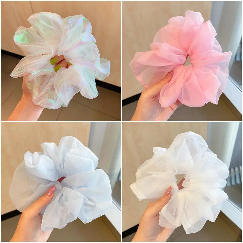 Organza Silk Dream White Scrunchies Ponytail Holder Lady Large Hair Ring Luxury Hair Accessories Embroidery Cherry Hair Circle