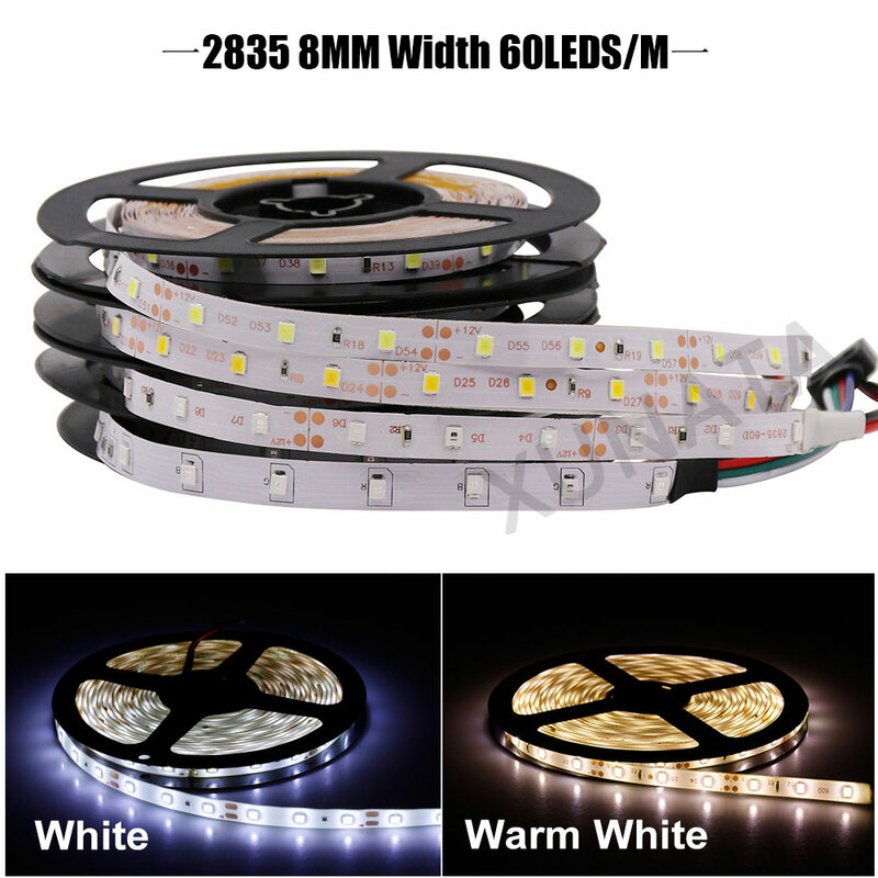 Tira de luces LED impermeable, 5M, 2835, 12V, 60/120 Led/m, cinta Led RGB, Flexible, Blanco/blanco cálido/Rojo/verde/azul