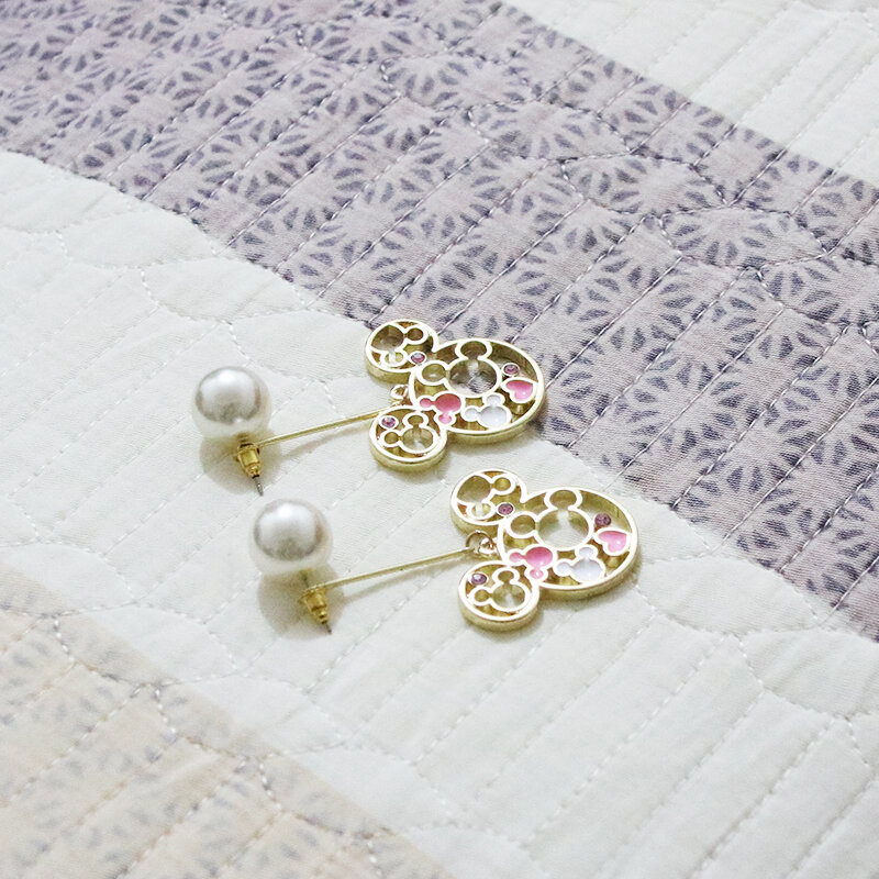 FENGLI Golden Mickey Stud Earrings for Women Dripping Oil Mouse Imitation Pearls Earring Party Minnie Ear Studs Jewelry