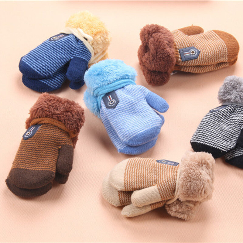 0-3 Years Baby Winter Children's Knitted Gloves Boys Warm Rope Full Finger Mittens Gloves for Children Kids Clothing Accessories